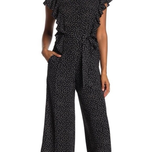 MAX STUDIO Black White Polka Dot Ruffle Sleeve Jumpsuit Wide Leg Cropped - Picture 2 of 12